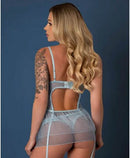 Magic Silk Blue Sky Flirty Slip Baby Doll with Garters & Thong S M shown from the back, highlighting its delicate design and charming details.