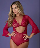 Magic Silk Black Cherry Sleeve Playsuit Cherry S M featured in luxurious fishnet and lace with sexy cutout design.
