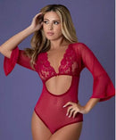 Magic Silk Black Cherry Sleeve Playsuit Cherry S M showcasing a sultry red lingerie piece with floral lace details.