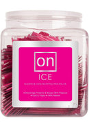 On Ice Buzzing and Cooling Arousal Oil Fishbowl 75 Count with vibrant packaging and single-serve units.