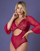 Magic Silk Black Cherry Sleeve Playsuit Queen Size worn by a model, showcasing fishnet and lace design.