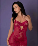 Magic Silk Black Cherry Demi Cup Chemise & Thong Set L XL in seductive red fishnet and floral lace.