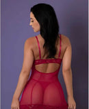Magic Silk Black Cherry Demi Cup Chemise & Thong Set L XL shown from the back in fine fishnet and lace design.