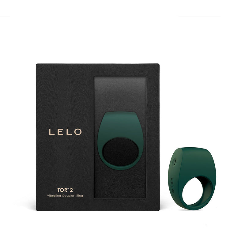 LELO Tor 2 Vibrating Cock Ring Green in its elegant packaging, showcasing the luxurious design and color.
