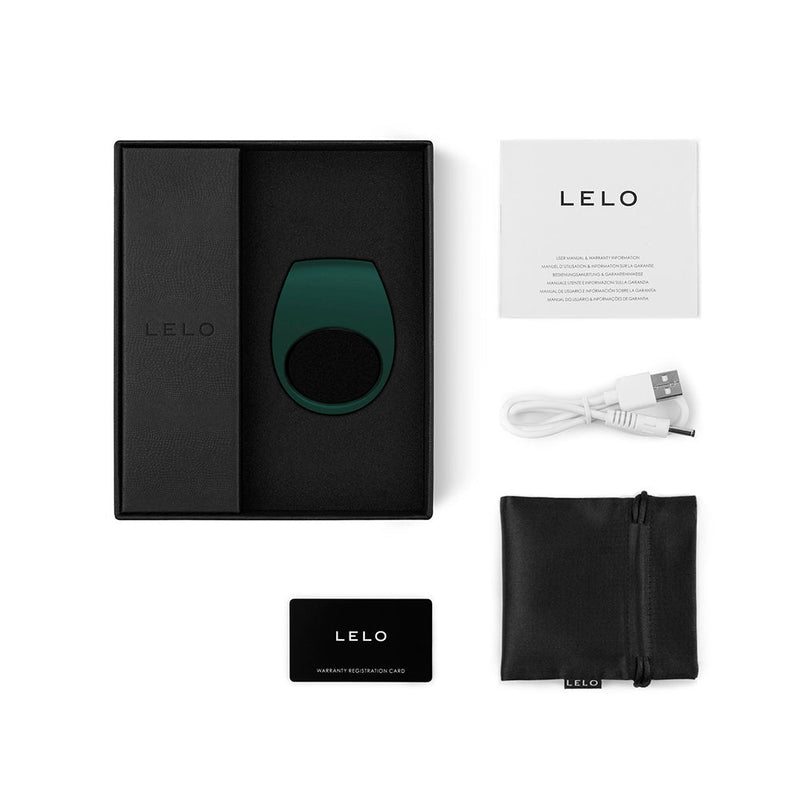LELO Tor 2 Vibrating Cock Ring Green packaging with accessories and manual.
