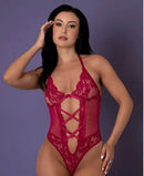 Magic Silk Black Cherry Halter Teddy Cherry L XL displayed on a model, featuring fishnet and floral lace design.