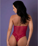 Magic Silk Black Cherry Halter Teddy Cherry L XL showcased on a model, highlighting its provocative design and lace details.