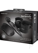 Bodywand Midnight Bed Spreader Couples Gift Set Black packaging featuring massager, blindfold, and restraint cuffs.