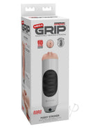 Pipedream Extreme Toyz Mega Grip Vibrating Pussy Masturbator packaging with squeezable design and 10 vibration patterns.