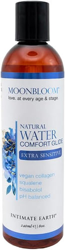 Moonbloom Natural Water Comfort Glide Extra Sensitive 8 Oz bottle with blue floral design, vegan and pH balanced lubricant.