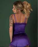 Magic Silk Satin Petals Chemise & G-String Set Purple S M displayed on a model from the back in elegant purple satin.