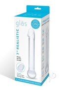 Glas Realistic Head Glass Dildo 7 Inch Clear packaging featuring smooth glass design and satin storage bag.
