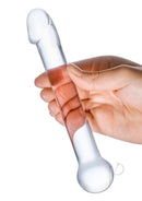 Glas Realistic Head Glass Dildo 7 Inch Clear held in hand, showcasing its clear design and smooth texture.