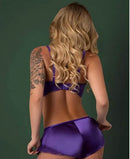 Magic Silk Satin Petals Bralette & Short Set Purple S M worn by a model, showcasing elegant satin and lace design.