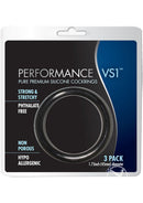 Performance VS1 Silicone Cock Rings 3 Pack Medium Black packaging featuring a strong and stretchy silicone ring.