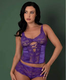 Magic Silk Satin Petals Bustier & Boy Short Set Purple L XL model wearing elegant lingerie with intricate lace detailing.