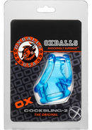 Oxballs Cocksling-2 Cock and Ball Ring Blue packaging showcasing ergonomic design and vibrant color.