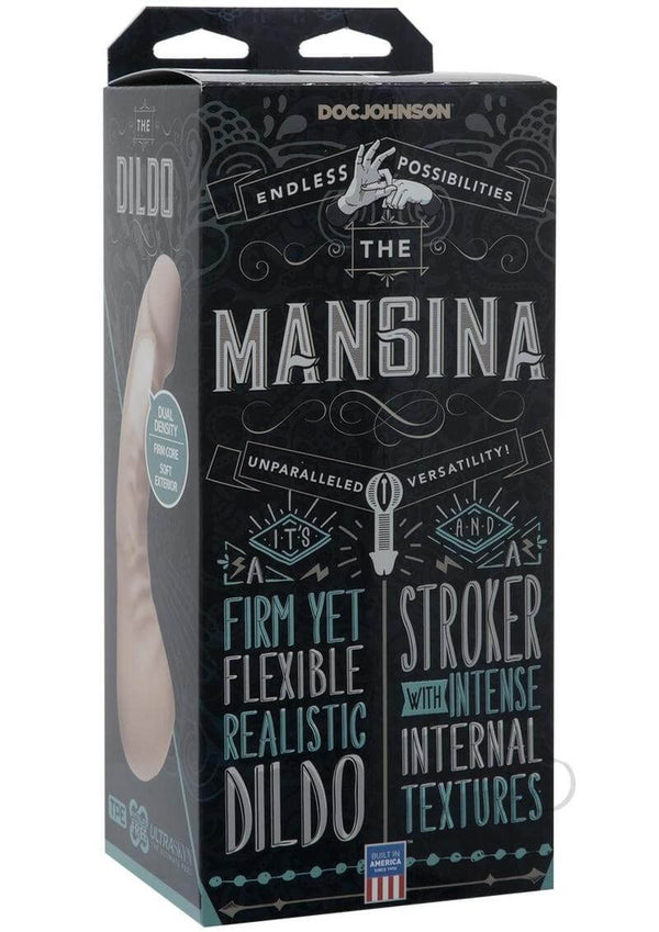 Box of The Mangina dual-function stroker and dildo with firm yet flexible design and intense internal textures.