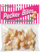 Hott Products Pecker Bites Candy Strawberry package with playful penis-shaped candies in strawberry flavor.