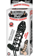 Mack Tuff Vibrating Silicone Cockcage Cock Ring Black packaging featuring ribbed texture and a removable vibrating bullet.
