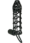 Mack Tuff Vibrating Silicone Cockcage Cock Ring Black featuring ribbed texture and removable vibrating bullet.