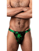 Man wearing HAZY DAYZ Micro Thong Pot Leaf S/M, lightweight breathable microfiber, sporty sexy design with bold pot leaf print.