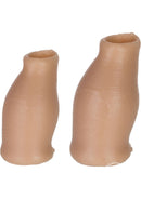 Oxballs MoreSkin Silicone Faux Foreskin Hoods Set Vanilla shown in two sizes, realistic design with soft silicone texture.