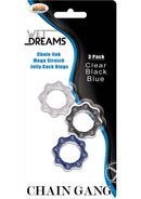 Wet Dreams Chain Gang Silicone Cock Rings 3 Pack featuring clear, black, and blue chain link jelly cock rings in packaging.