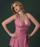 Magic Silk Wisteria Mist Halter Babydoll & G String Set Pink M displayed on a model, showcasing lace details and soft pink hue.