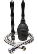 CleanStream All-In-One Shower Cleansing System Black with nozzles, travel bulb, and stainless steel hose.