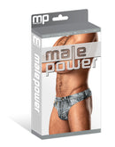 Male Power Dirty Denim Print Thong Blue S/M packaging featuring photorealistic denim design and contoured pouch.