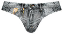 Male Power Dirty Denim Print Thong Blue S/M with photorealistic denim jean print and faux zipper detailing.