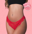 Magic Silk Sweetums Split Crotch Panty Cherry Queen Size displayed on a model, featuring floral lace and satin bow details.