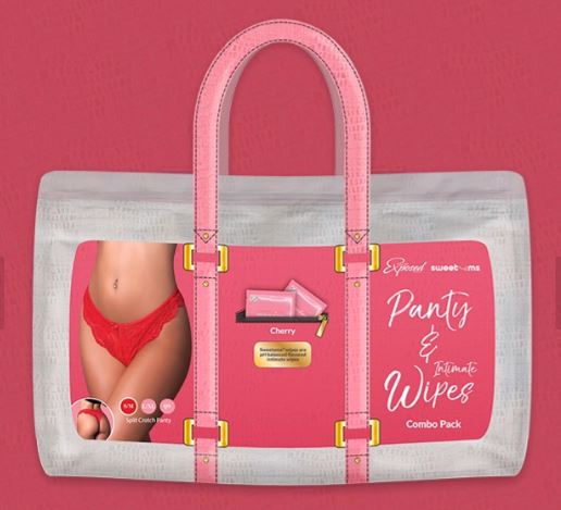 Magic Silk Sweetums Split Crotch Panty Cherry Queen Size in a stylish pack with intimate wipes.