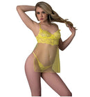 Magic Silk Mesh Babydoll With G-String Medium Yellow model wearing sheer yellow lingerie set.