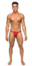 Male Power Bong Thong Red Large XL displayed on a model, showcasing its bold design and comfortable fit.