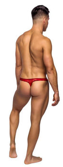 Male Power Bong Thong S M Red worn by a man, showcasing the back view and comfortable floral lace design.