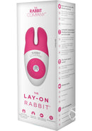 The Rabbit Company Lay On Rabbit Silicone Massager Hot Pink packaging showcasing features and design.