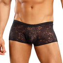 Male Power Stretch Lace Mini Short Black Large worn by a model showcasing its stylish lace design and comfortable fit.