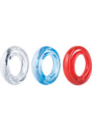 RingO 2 Cock Ring with Ball Sling Assorted Colors set of three rings in clear, blue, and red.