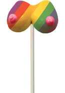 Rainbow Boobie Candy Pop Multi-Flavored Lollipop shaped like a pair of breasts with rainbow colors.