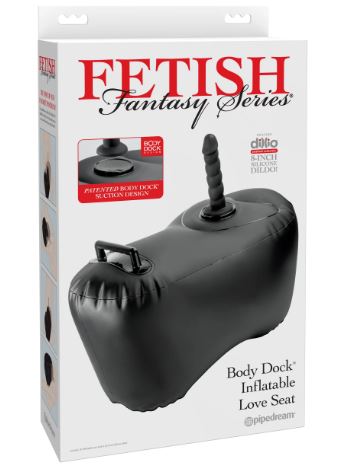 Fetish Fantasy Series Body Dock Inflatable Love Seat Black packaging showcasing ergonomic design and unique features.