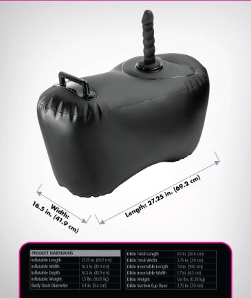 Fetish Fantasy Series Body Dock Inflatable Love Seat Black dimensions with length and width details displayed.