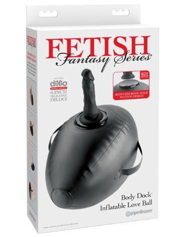 Fetish Fantasy Series Body Dock Inflatable Love Ball Black packaging with suction dildo design.