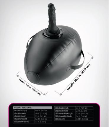 Fetish Fantasy Series Body Dock Inflatable Love Ball Black with product dimensions and features displayed.