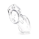 CB-X CB-6000 3.25 Inch Male Chastity Cage Clear shown from the side, transparent design highlighting its structure.