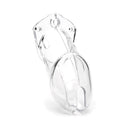 CB-X CB-6000 3.25 Inch Male Chastity Cage Clear shown from an angle, emphasizing its transparent design.