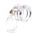 CB-X CB-6000 3.25 Inch Male Chastity Cage Clear showing its transparent design and secure locking mechanism.