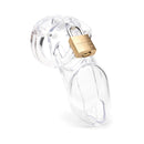 CB-X CB-6000 3.25 Inch Male Chastity Cage Clear with padlock, designed for comfort and secure wear.