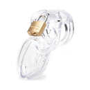 CB-X CB-3000 Clear Male Chastity Cage featuring a padlock and clear medical-grade polycarbonate design.
